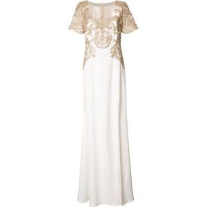 nwt Marchesa Notte gold-tone embroidery lace long white gown wedding dress